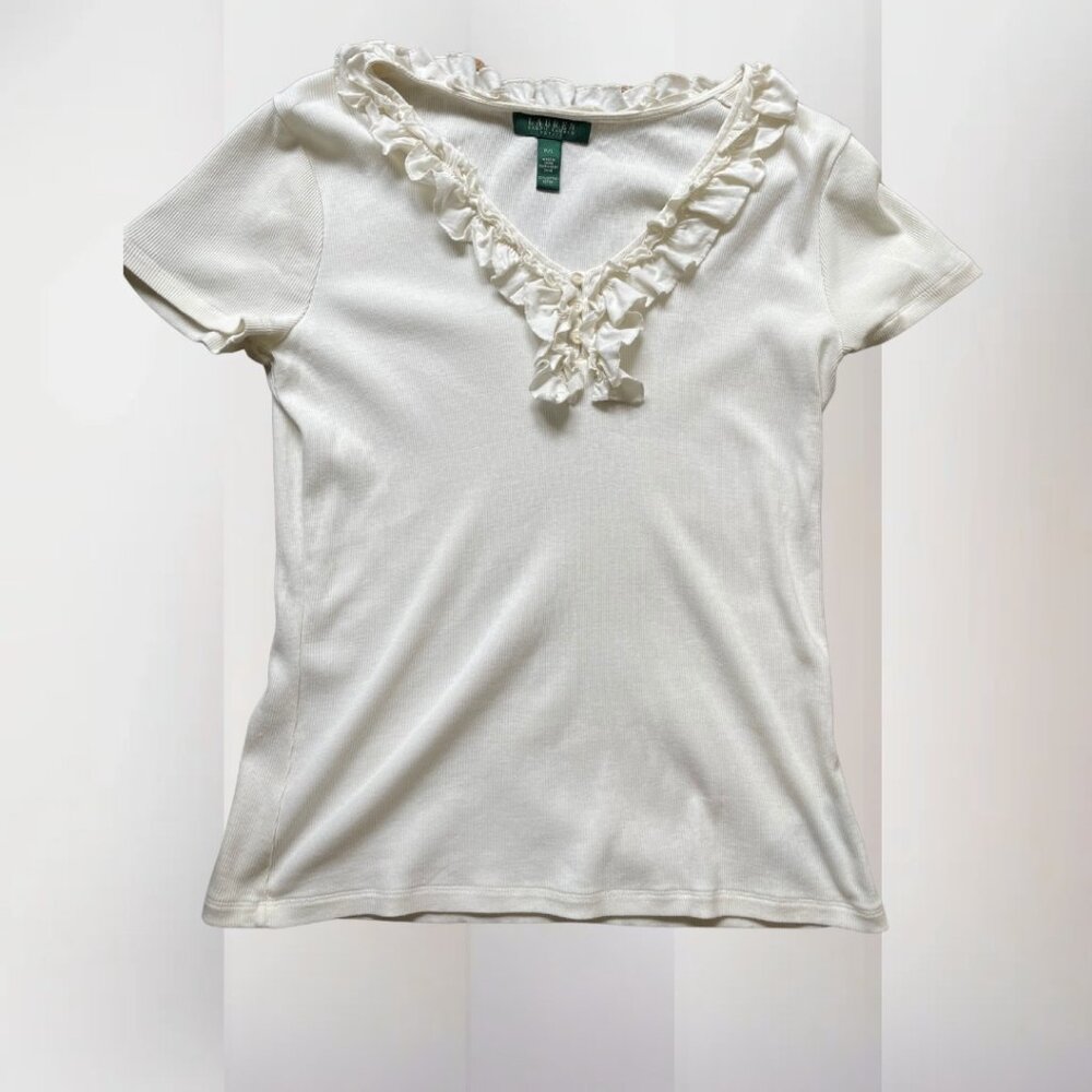 Lauren Ralph Lauren | Ruffled Ribbed Tee | Petite Large | Ivory | 100% Cotton